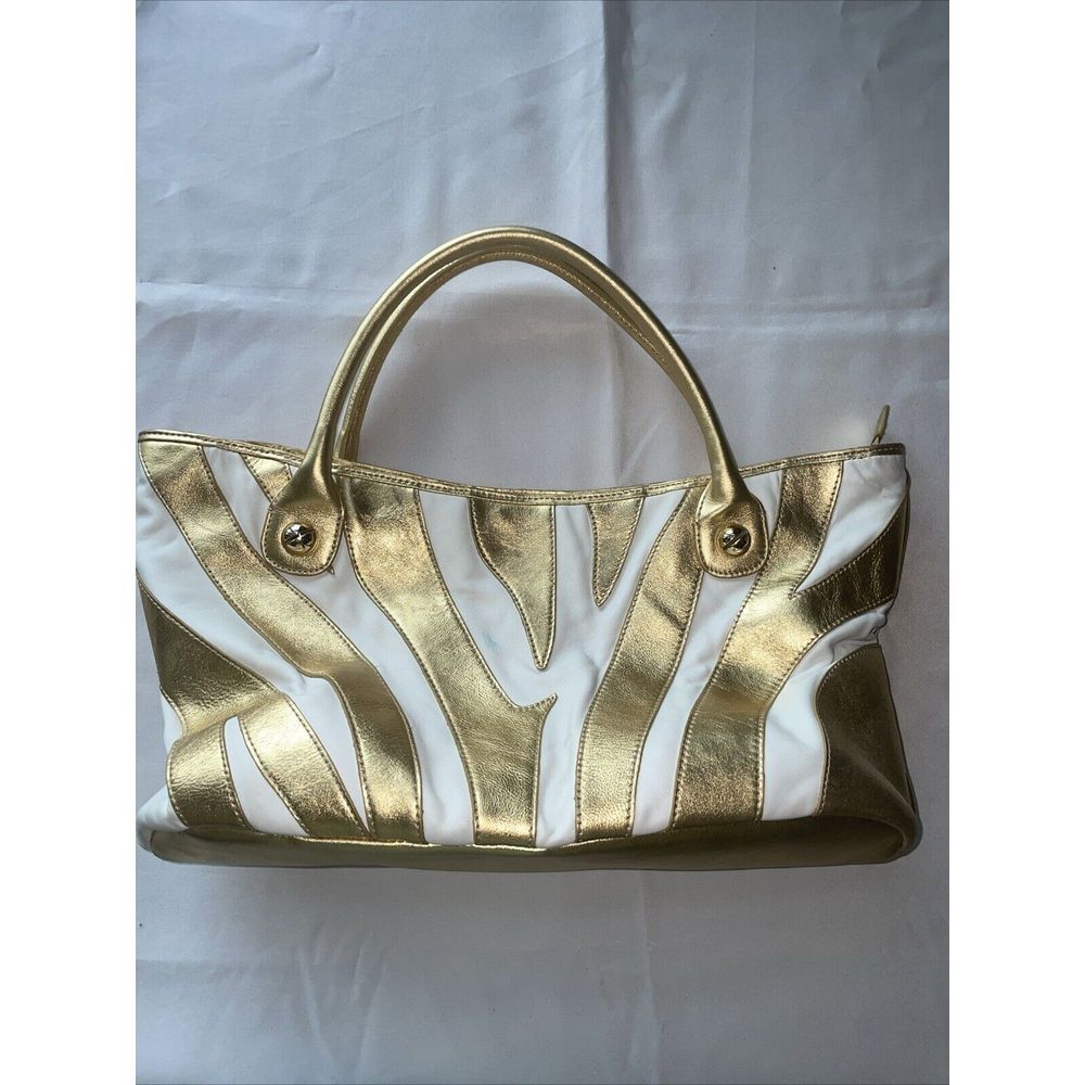 Betsey Johnson Gold White Zebra Stripe Leather Hand Bag